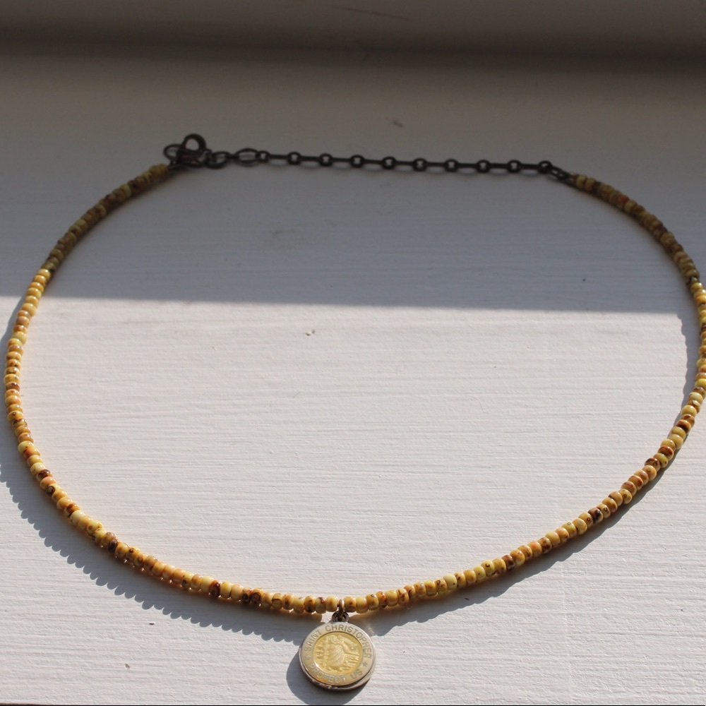 Saint Christopher yellow beaded necklace